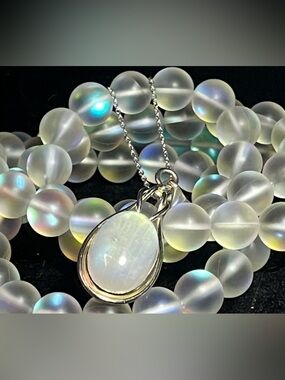 Rainbow Moonstone Sterling Silver Pendant With Sterling Silver Chain
